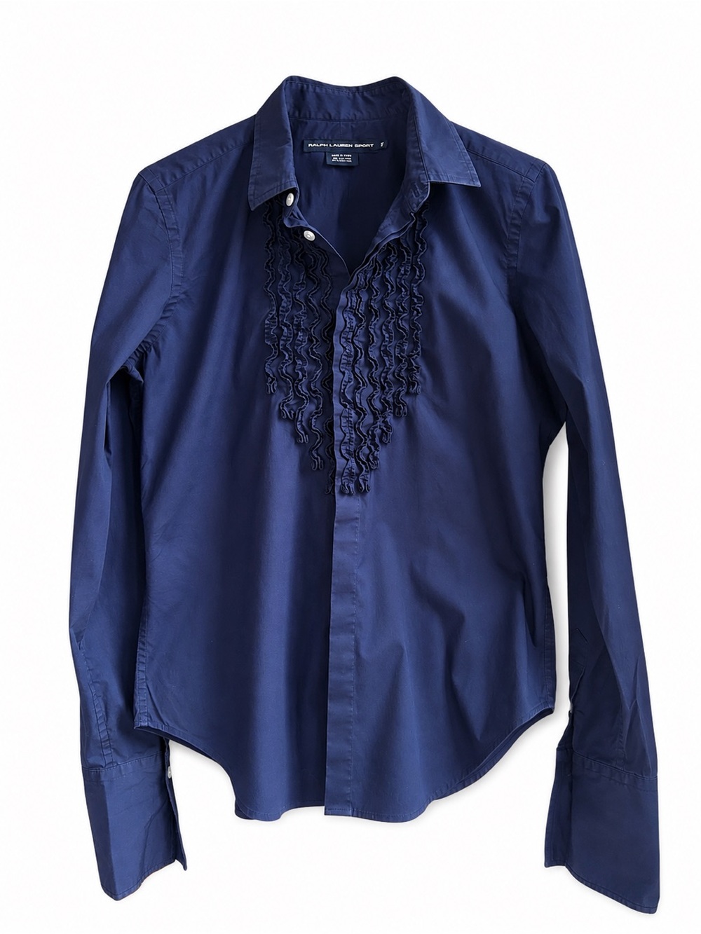 Ralph Lauren Sport Navy Ruffle Tuxedo Shirt Blouse Size 10 Y2K Preppy Office